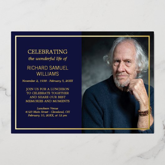 ネービー&ゴールドフォイルカスタムフォトライフお祝い 箔招待状 (正面)