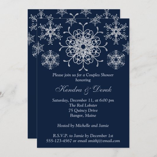 ネービー,シルバースノーフレークカップルシャワー招待状 招待状 (正面/裏面)