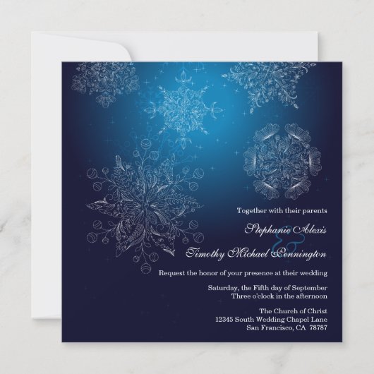 ネービー·スノーフエレガントレーク·ウィンター·ウェディング 招待状 (正面)