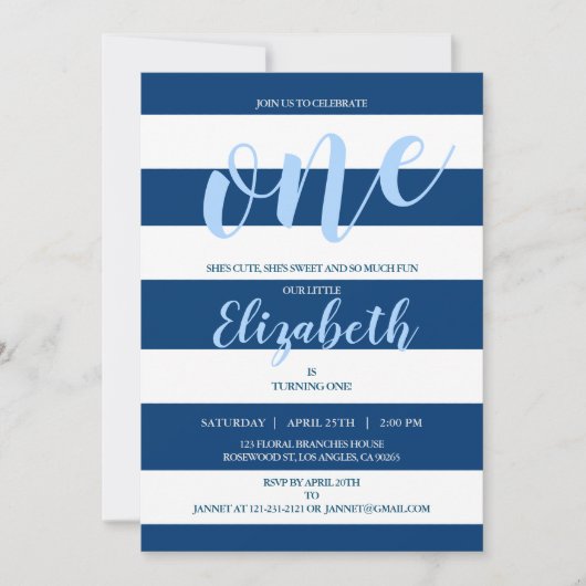 ネービー·ブエレガントルー·ホワイト·ストライプの誕生日パーティー 招待状 (正面)