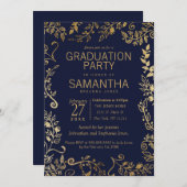 ネービー·ブエレガントルー·金ゴールド·フローラ卒業 招待状 (正面/裏面)