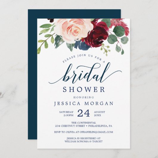 ネービー&ブルゴーニュブライダルシャワー招待状 招待状 (正面/裏面)