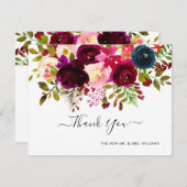 ネービー+ブルゴーニュ·ウォーターカラーブーケありがとう セーブザデート (正面/裏面)