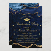 ネービー・ブルーモダン・マーブル・エーゲート卒業パーティー 招待状 (正面/裏面)