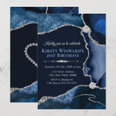 ネービー・ブルー・アンド・シルバー・グリッター・アゲート・バースデー・パーティー 招待状 (正面/裏面)