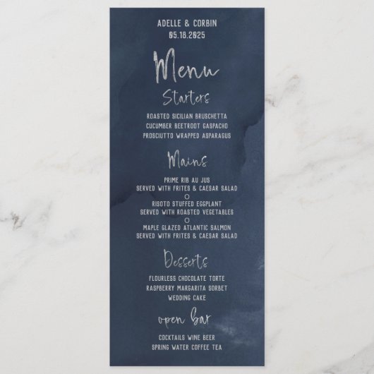 ネービー·ブルー·シルバファンシーー·カリグラティ結婚ブ·スクリプト メニュー (正面)