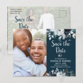 ネービー・ブルー・ホワイト・ローズ・フローラ・ウェディング・セーブ・ザ・デート 案内ポストカード (正面/裏面)