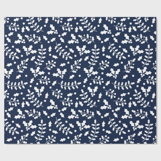 ネービー&ホワイトフェスティバルクリスマスホリーパターン ラッピングペーパー (フラット)
