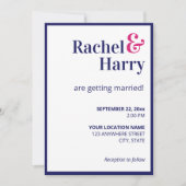 ネービ名門私立校風のーブルー縁ど&ホットピンクストライプ結婚ズズ 招待状 (正面)