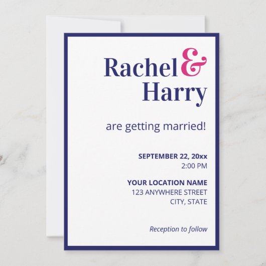 ネービ名門私立校風のーブルー縁ど&ホットピンクストライプ結婚ズズ 招待状 (正面)