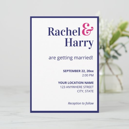 ネービ名門私立校風のーブルー縁ど&ホットピンクストライプ結婚ズズ 招待状 (スタンド正面)