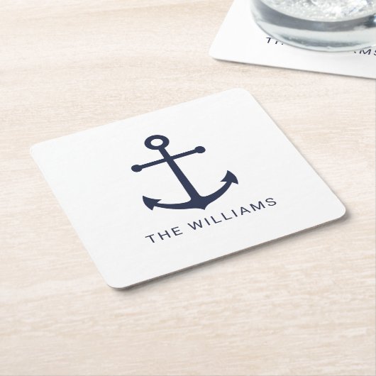 ネービ航海のーブルーいかり名前をカスタムする スクエアペーパーコースター (アングル)