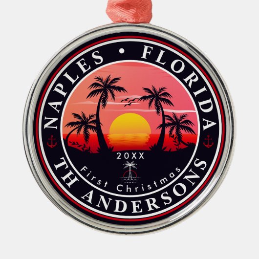 ネープルフロリダビーチレトロサンセットパームツリー80s メタルオーナメント (正面)