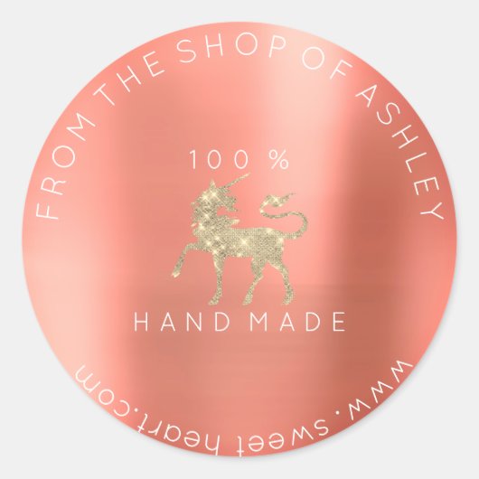 ネームから手作りロゴくもの巣コーラルユニコーン金ゴールド ラウンドシール (正面)