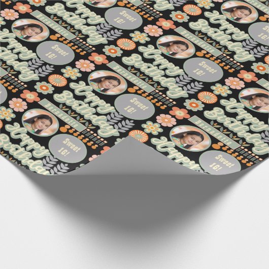 ネームエイジフォトレトロヴィンテージデイジーフラワー誕生日 ラッピングペーパー (角)