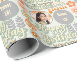 ネームエイジフォトレトロヴィンテージデイジーフラワー誕生日 ラッピングペーパー