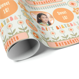 ネームエイジフォトレトロヴィンテージデイジーフラワー誕生日 ラッピングペーパー