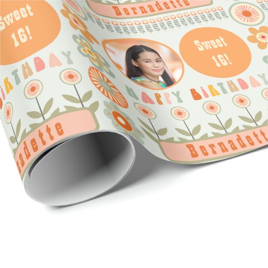 ネームエイジフォトレトロヴィンテージデイジーフラワー誕生日 ラッピングペーパー (ロールコーナー)