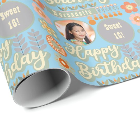 ネームエイジフォトレトロヴィンテージデイジーフラワー誕生日 ラッピングペーパー (ロールコーナー)