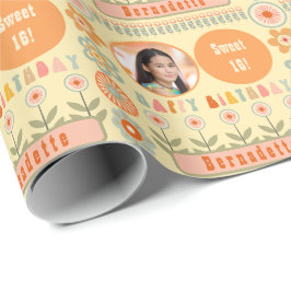 ネームエイジフォトレトロヴィンテージデイジーフラワー誕生日 ラッピングペーパー