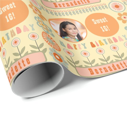 ネームエイジフォトレトロヴィンテージデイジーフラワー誕生日 ラッピングペーパー (ロールコーナー)