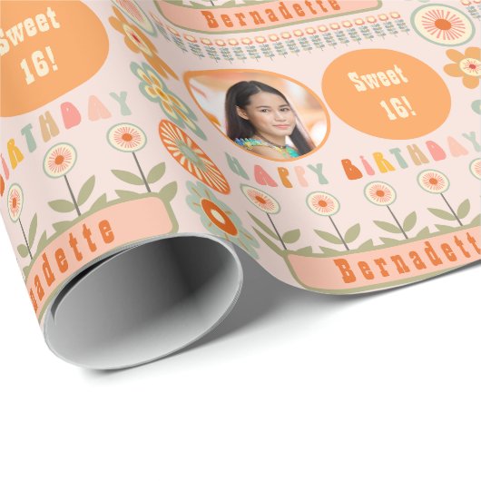 ネームエイジフォトレトロヴィンテージデイジーフラワー誕生日 ラッピングペーパー (ロールコーナー)