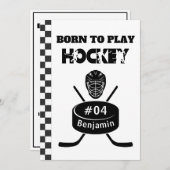 ネームエイジ文字ジャージー番号ホッケー誕生日 招待状 (正面/裏面)
