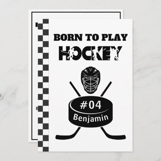 ネームエイジ文字ジャージー番号ホッケー誕生日 招待状 (正面/裏面)