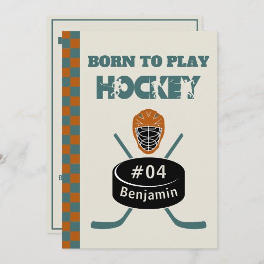 ネームエイジ文字ジャージー番号ホッケー誕生日 招待状 (正面/裏面)