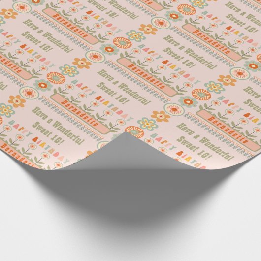 ネームエイジ文字レトロヴィンテージデイジーフラワー誕生日 ラッピングペーパー (角)