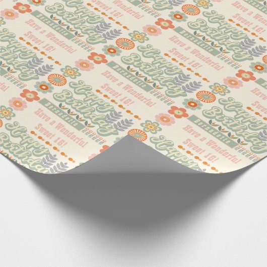 ネームエイジ文字レトロヴィンテージデイジーフラワー誕生日 ラッピングペーパー (角)