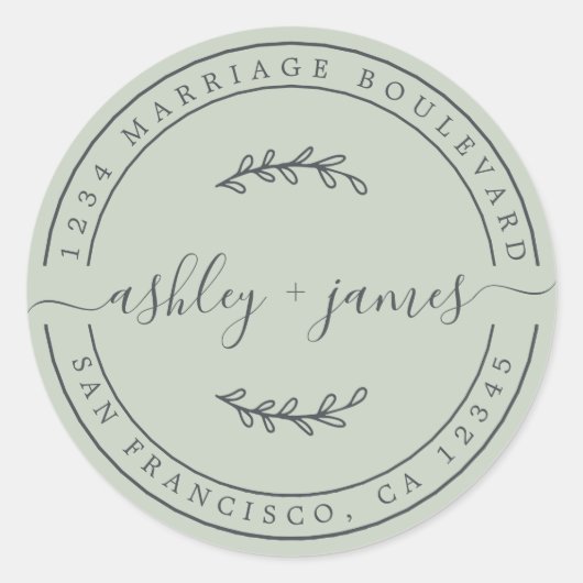 ネームエレガントパステルグリーン結婚ズ差出人住所 ラウンドシール (正面)