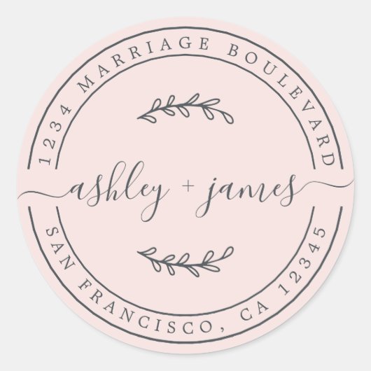 ネームエレガントパステルピンク結婚ズ差出人住所 ラウンドシール (正面)