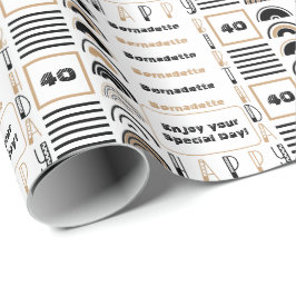 ネームエージ気持ちレトロレインボーブラウン白黒 ラッピングペーパー