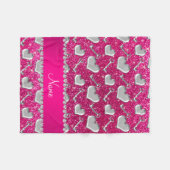 ネームシルバーハート鍵ネオンホットピンクグリッター フリースブランケット (正面(横))