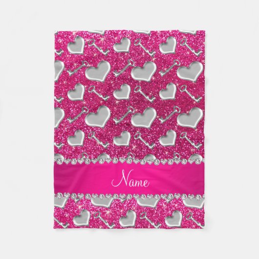ネームシルバーハート鍵ネオンホットピンクグリッター フリースブランケット (正面)