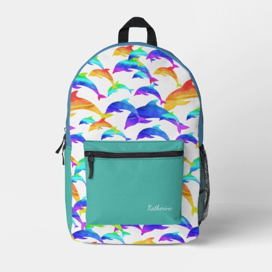 ネームスクールでレインボーに美しいイルカたち プリントバックパック (正面)