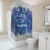 ネームスパークリーグリッタードリップスシルバーネイビーブルーブライド シャワーカーテン (インサイチュ)