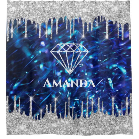 ネームスパークリーグリッタードリップスシルバーネイビーブルーブライド シャワーカーテン (正面)