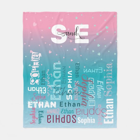ネームズパターンタイポグラフィピンクブルー男の赤ちゃんガール フリースブランケット (正面)