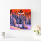 ネームパーソナライズされたウィンターフォレストサンライズテーマ スクエア壁時計 (ホーム)