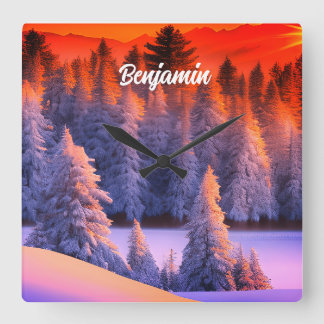 ネームパーソナライズされたウィンターフォレストサンライズテーマ スクエア壁時計