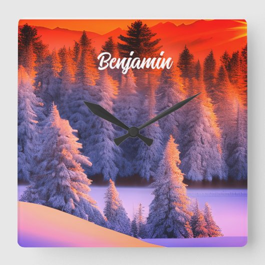 ネームパーソナライズされたウィンターフォレストサンライズテーマ スクエア壁時計 (正面)