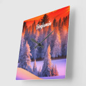 ネームパーソナライズされたウィンターフォレストサンライズテーマ スクエア壁時計 (傾斜)