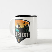 ネームパーソナライズされたエルク狩りウィルダネスサンセット ツートーンマグカップ (正面左)