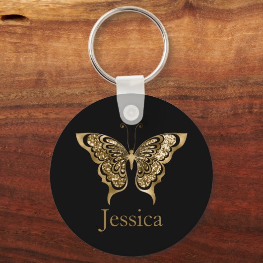 ネームパーソナライズされたグリッターゴールデンバタフライ キーホルダー (正面)