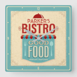 ネームパーソナライズされたシャビーシックフランスのビストロカフェ スクエア壁時計