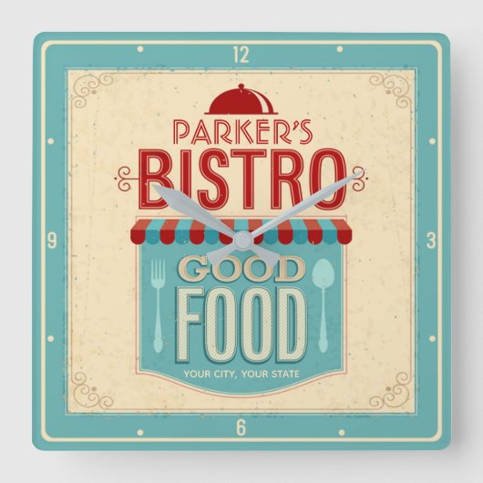 ネームパーソナライズされたシャビーシックフランスのビストロカフェ スクエア壁時計 (正面)