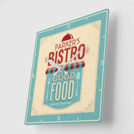 ネームパーソナライズされたシャビーシックフランスのビストロカフェ スクエア壁時計 (傾斜)