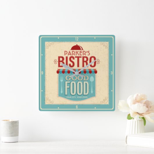 ネームパーソナライズされたシャビーシックフランスのビストロカフェ スクエア壁時計 (ホーム)